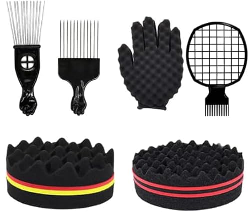 Hair Sponge Set,Afro Brush, Magic Curl Glove, Metal Pick Comb,