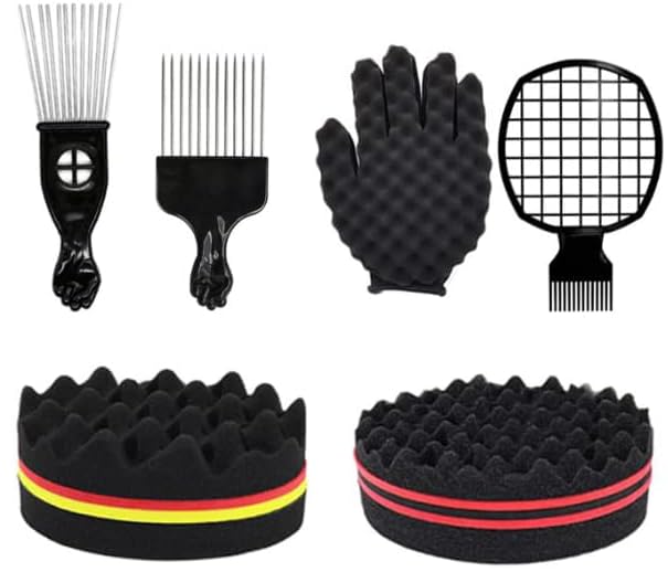 KHQBG Hair Sponge Set Afro Brush Magic Curl Glove Metal Pick Comb and Twist Comb for Hairstyling (Black-6Pcs)