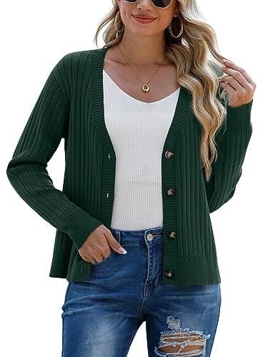 Image of Women's Dark Green Casual Dressy Stirped Cardigan with V Neck Button Christmas Sweaters Crew Neck Lady Lightweight Jacket 2024 Fall Winter Size M