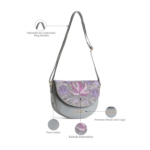 Image of Caprese Siji Tresna Medium Crossbody Bag for Women with Adjustable Strap & Zip Closure | Kashida Velvet Embroidery Sling Bag | Stylish & Lightweight Bag for Daily Use, Travel & Casual Outings