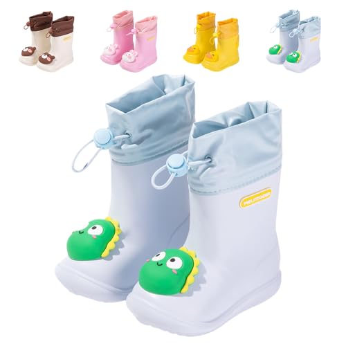DRECAGE Botas de Agua para Niños y Niñas con Cordón ajustable en el Cuello Botas de lluvia Caucho Goma de Dinosaurio Impermeable Azul 22/23 EU 150 MM
