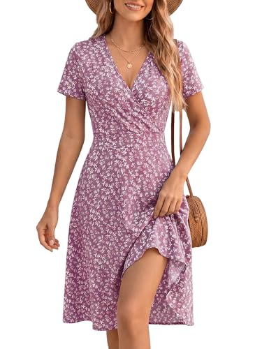 Image of MSBASIC Womens Summer Wrap V Neck Casual Dresses Floral Short Sleeve A-Line Midi Sundress