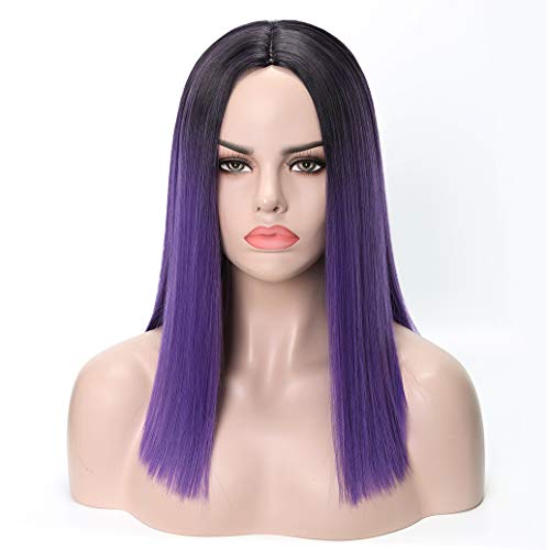 Duacorn Synthetic Full Wigs for Women 2 Tone Color Black to Purple Middle Part Straight Heat Resistant Cosplay Costume Hair Replacement Wig