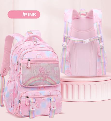 Image of Kids Backpack for Girls.Girls Backpack,School Bag for Kids.GirlsTeens Middle Student,Kawaii Children's Book Bag Rainbow Butterfly pink