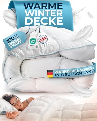 Glückstoff® Winterdecke aus Federn und Daunen 155x220cm [Zertifiziert in Deutschland] - Dicke Bettdecke Winter Waschbar - Warme Daunendecke Allergiker - Schlafdecke Zudecke - Decke