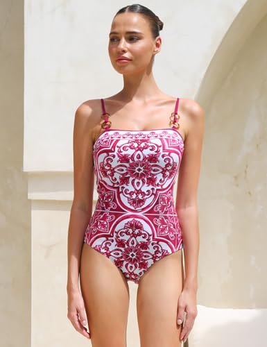 FLAXMAKER Women's One Piece Sling Classic Majolica Adjustable Bathing Suits Back Lace up Swimsuit with Skirt/Shorts2