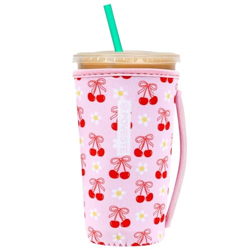 Image of Reusable Neoprene Insulator Sleeve for Iced Coffee & Cold Soda, Coffee Sleeves for Iced & Hot Drinks, Cold Beverage Cooler Compatible with Starbucks, Dunkin (Cherry Bomb, Large: 32oz)