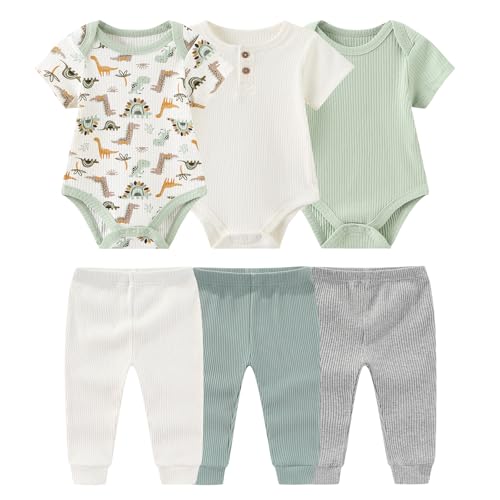 Image of Ruliby Baby Bodysuit and Pant Set 6-pcs Ribbed Soft Infant Boy Girl Clothes Outfits
