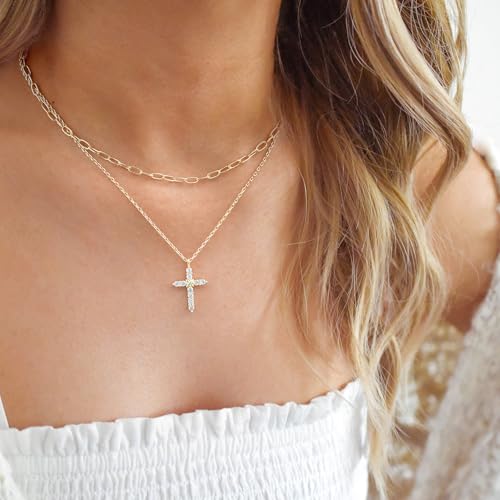 Layered Cross Necklace for Women - 14K Plated Gold Double Layer Chain Necklace, Dainty Cubic Zirconia Crucifix Pendant Necklace, Anniversary Birthday Christian Faith Jewelry Gift for Her2