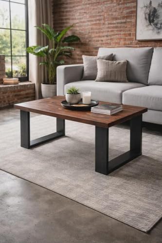 Image of Sheesham Wood Coffee Table | Modern Center Table for Living Room, Lounge & Office | Solid Wooden Tea Table with Contemporary Open Frame Design | Brown