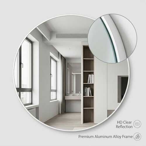 Image of HARRITPURE Round Mirror 20 inch White Wall Mounted Circle Mirrors Vanity Mirror with Brushed Aluminum Alloy Frame Modern Decoration for Bathroom, Living Room, Vanity, Bedroom, Entryway