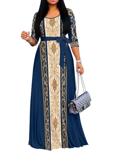 Image of Women's V Neck Floral Maxi Dress 3 /4 Sleeve Plus Size Boho Wrap Flowy Long Dresses with Belt
