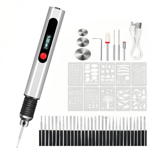 Rotulador eléctrico para grabado, 30 puntas recargables, ajustables, mini bolígrafo grabador giratorio eléctrico, para manualidades, tazas de cerámica, vidrio, madera, manicura, piedra