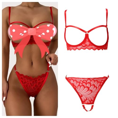 VicSec Damen Dessous Set 2-Teil Bügel-BH + String Tanga Unterwäsche Frauen Flirty Lingerie Sexy Babydoll Dessous Spitze BH und Slip Heißen Sexy Reizwäsche Push up Set S-XL