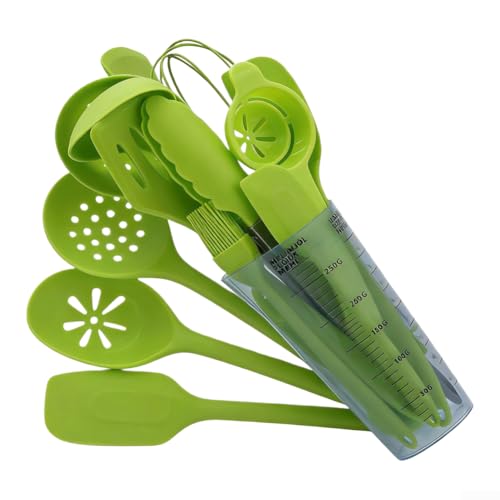 Juego de utensilios de cocina de silicona de 16 piezas, apto para lavavajillas, resistente al calor, material 446 F con soporte dedicado y diez ganchos para colgar (16 piezas, verde)