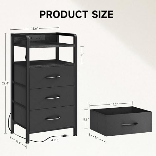 Night-Stand-Bedside-Table-Bedroom-Nightstand-with-Charging-Station-LED-Light-Strip-Bed-Side-Table-with-Storage-Shelf-3-Fabric-Drawers-Morden-Black-End-Table-with-U-S-B-Ports-AC-Outlets