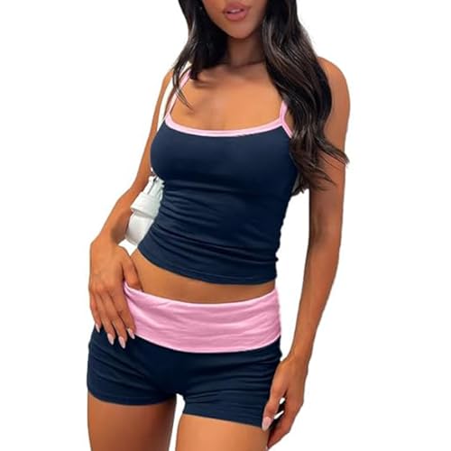 RUEWEY Womens 2 Pieces Paiamas Set Color Block Sleeveless Crop Cami Top and Fold Over Shorts Pjs Loungewear (Navy Blue S)
