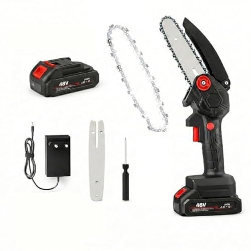 Cordless Mini Chainsaw 6 Inch, 48V Rechargeable Handheld Electric Chain Saw with 1 Battery, Charger & Accessories for Wood Cutting, Tree Branch Pruning and Garden Use