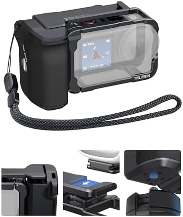 TELESIN Metal Aluminum Alloy Street Grip Kit for DJI Action 6 with Metal Cage Camera Grip Holder with Seesaw Shutter Button Aluminum Alloy Shell Backup TF Card Slot Quick Battery Access