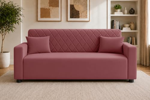 Image of Rosebell 3 Seater Wooden Sofa for Living Room, Modern Fabric Upholstered Sofa with Quilted Backrest, Cushioned Seating, Padded Armrests & Sturdy Wooden Frame - Rose Pink