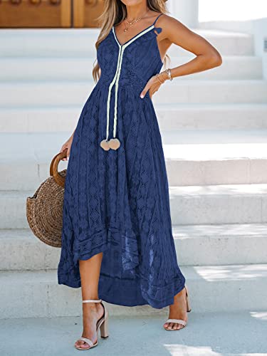 Image of CUPSHE Womens Lace Summer Maxi Dresses 2026 Beach Wear | V Neck Spaghetti Straps Sundress, Tassel, Boho Pom Poms, Flowy Vacation Outfits, Resort Wear, Graduation Wedding Guest Looks