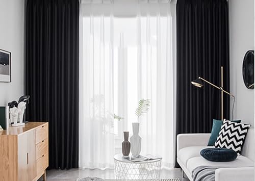 Homxi Cortina Opaca Salon 2 Piezas,2 x 107W x 132H CM,Cortinas Blackout Dormitorio Matrimonio Negro Color Sólido Cortinas Salón con Ganchos