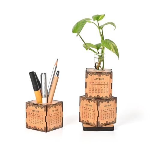 Image of Gift Kya De Eco-Friendly 2026 Desk Calendar with Planter & Pen Holder | GKD Wooden-Style Cube Table Calendar, Desk Organizer for Office & Home Decor | Perfect Corporate & Festive Gifting