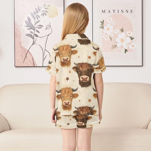 Highland Cow Retro Star Summer Satin Pajama Set, Cute Button-Down Sleepwear Pj Set for Sleep Wears4