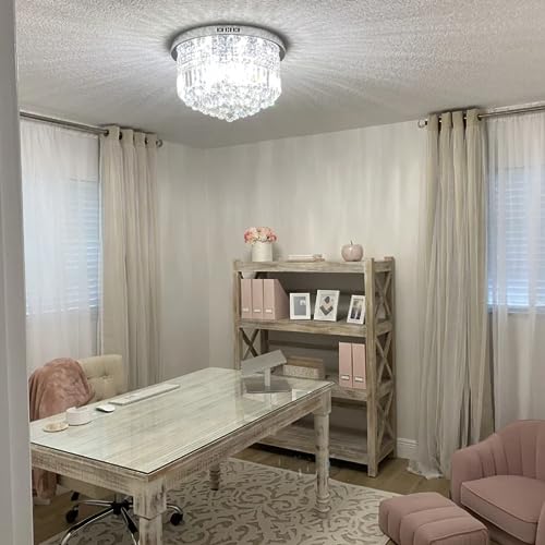 Image of Flush Mount Ceiling Light Fixture for Bedroom, 20-in Wide Dimmable Crystal Chandelier, Chrome Finish, Video Availablle for Easy Installation