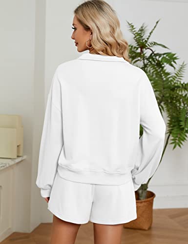 Flygo Women's 2 Piece Lounge Sets 2023 Spring Outfits Long Sleeve Pullover Sweatshirt Drawstring Shorts Sweatsuit(White-L) #TOP4