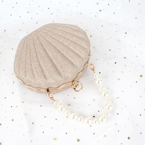 Image of Glitter Seashell Evening Clutch Purse Mini Chain Crossbody Bag Pu Leather Shell Pearl Shoulder Bag