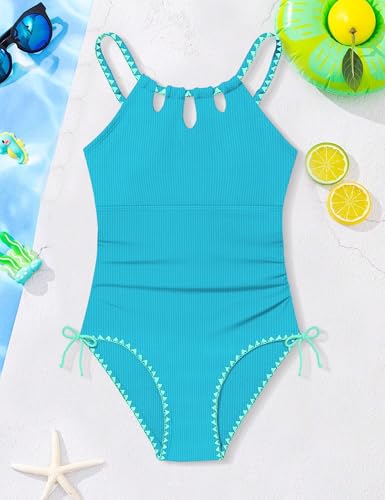 Image of Girls Swimsuit Set - Halter Neck One Piece Bathing Suit with Tropical Cover Up Skirt Swimwear for Kids 7-18Y