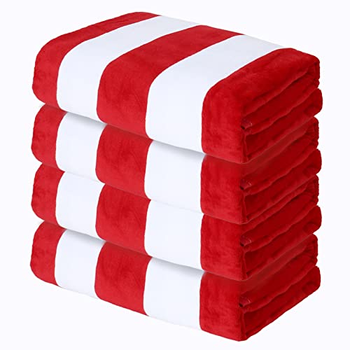 Exclusivo Mezcla 4 Pack Cotton Oversized 35x70 Inches Soft Cabana Stripe Thick Beach Towel, Super Absorbent Travel Bath Pool Towel (Red)