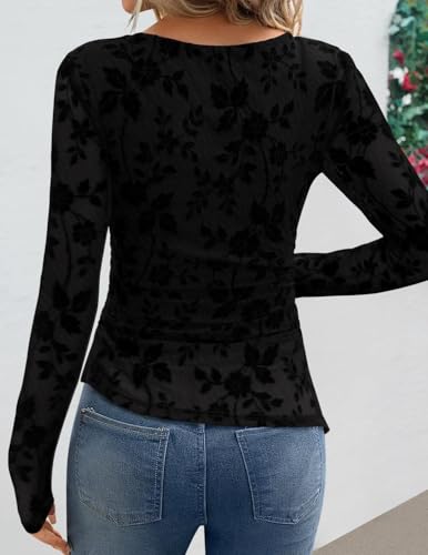 Image of ZESICA Womens Floral Long Sleeve Shirts 2026 Spring Boat Neck Mesh Ruched Tops Fitted Asymmetrical Going Out Blouses