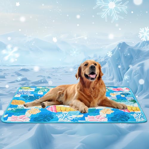 RANJIMA Kühlmatte für Hunde Groß, Selbstkühlend Hundematte 100 * 70cm Kühldecke für Hunde, Ungiftig Waschbar Hund Kühlkissen Hundekühlmatte XL für Drinnen, Draußen und Auto, Blau-01