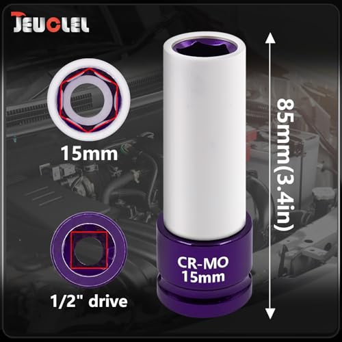 Image of 15mm 1 /2 inchDrive Wheel Protector Impact Socket, Lug Nut Impact Socket | 6 Point, Non-Marring, Thin Wall, Deep Socket, Wheel Protector, Protective Socket, Color-Coded, Cr-Mo Steel, Hand Repair Tool
