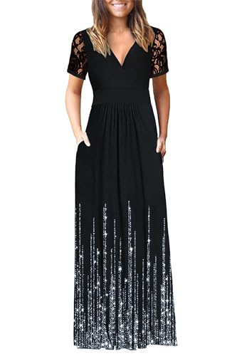 Image of AUSELILY Maxi Dresses for Women 2026 Lace Short Sleeve V Neck Wrap Long Dress with Pockets