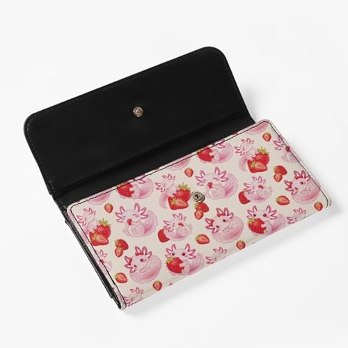 Image of AFPANQZ Blocking Wallets for Women Leather Long Ladies Wallet Axolotl Strawberry Womens Wallet with Coin Pocket ID Window