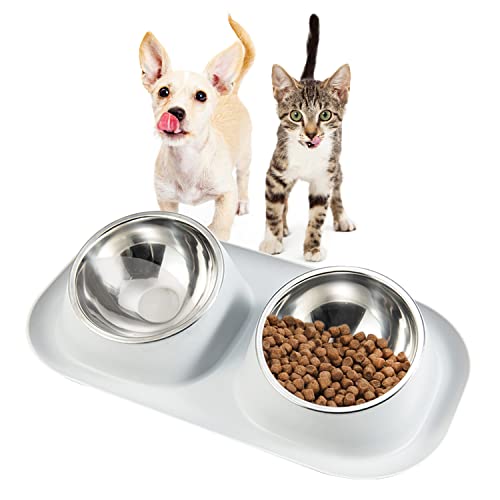 Suhaco Cuenco doble para perros elevado para alimentos para perros y gatos pequeños, antideslizante, de acero inoxidable, con doble cuenco que no se derrame para perros pequeños y gatos (gris) Cover