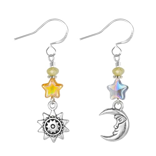 Vintage Sun Moon Star Dangle Earrings for Women,Boho Celestial Jewelry Asymmetric Drop Earrings Silver Retro Earrings Gifts