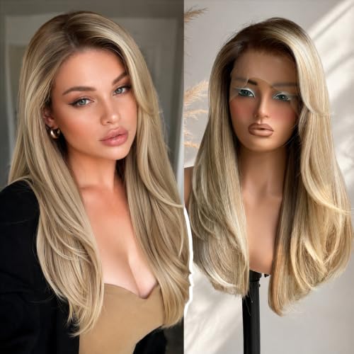 KOME Ash Blonde Synthetic Lace Front Wig, 13X6 Long Straight Layered Glueless Wigs for Women Daily Use 22IN(#TT6/1603)