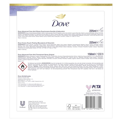 Dove Geschenkset "Entspannt" mit Duschcreme, Anti Transpirant, Dusch-Creme-Peeling und mit Schlafmaske 225 ml + 225 ml + 150 ml – Ansicht 3
