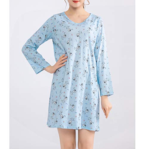 Women's Cotton Sleepwear Long Sleeves Nightgown Print Tee Sleep Dress (X-Large, Kitty)