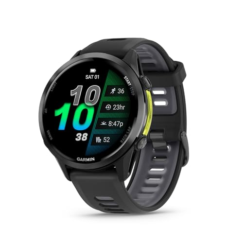 garmin forerunner 970 premium gps running and triathlon smartwatch amoled display built-in led flashlight carbon gray dlc titanium with black case and blacktranslucent whitestone band