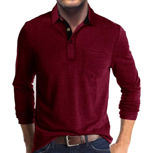 Men Fall/Winter Polo Shirt Long Sleeve V-Neck with Pocket 2X