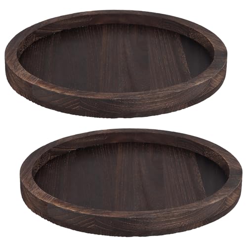 KEILEOHO 2 Stück Holztablett Rund, 32cm Holz Serviertablett, Braun Deko Tablett für Couchtisch, Wohnzimmer, Küche
