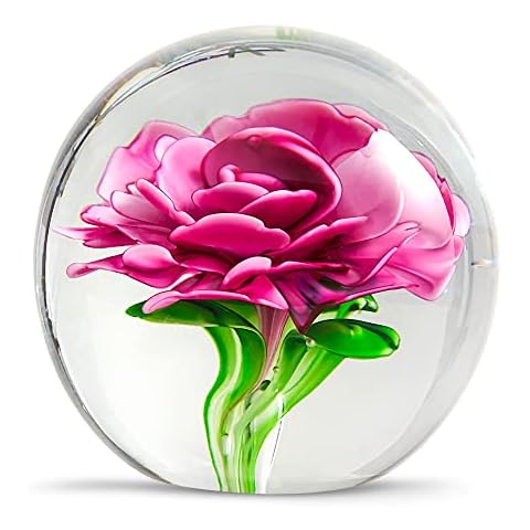 Hand Blown Glass Flower Sphere Figurine,Glass Paperweight for Birthday Gift. (Pink Flowers) Cover