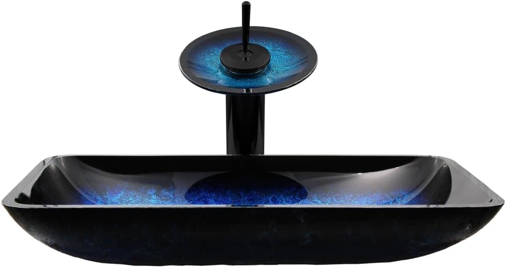 Miseno MVS-NSFC-G1903417003 Fresca 21-3/4" Glass Vessel Bathroom Sink with 2.2 GPM Deck Mounted Bathroom Faucet - Blue/Matte Black Drain