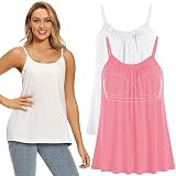 MS.ING 2PCs Women Flowy Pleated Camisole with Built in Bra Loose Casual Sleeveless Tank Tops(White+Pink,Large)