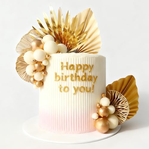 20Pcs Cake Decorations Gold Balloon Cake Topper with Paper Palm Fan Cake Decorations DIY Birthday Party Dessert Decoration for Wedding Birthday Anniversary Holiday(Gold)